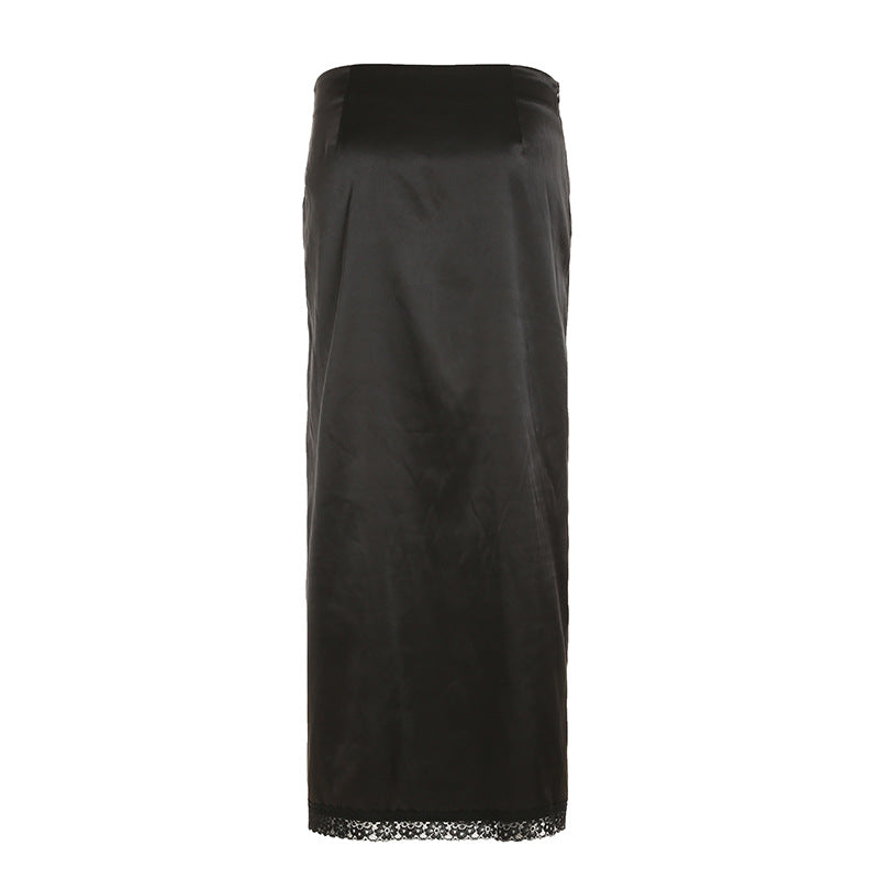 Women Wear Satin Lace Stitching Floral High Slit Skirt Sexy Summer Pleated