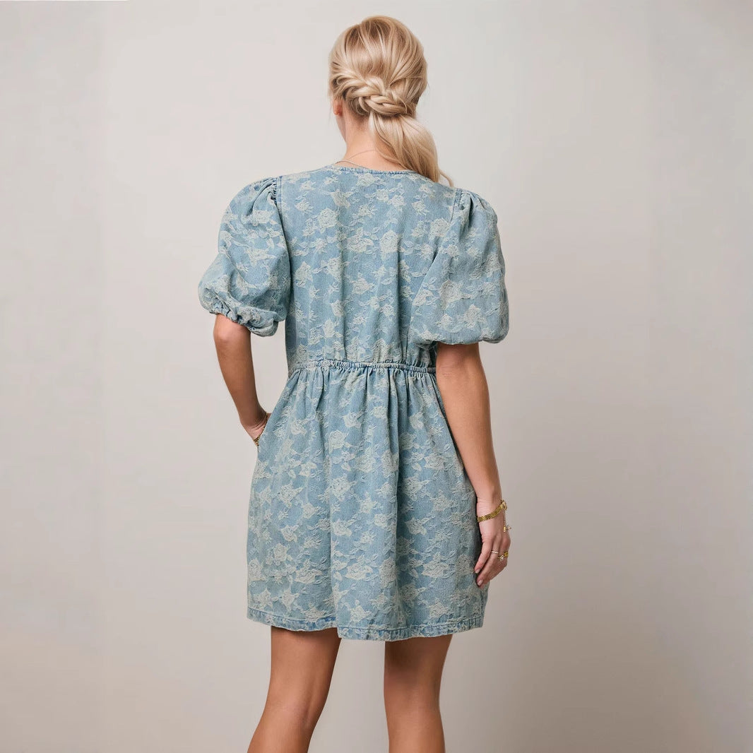 Elegant Sweet Denim Blue Puff Sleeve Design Blue Floral Drawstring Women Denim One Piece Dress Denim Dress