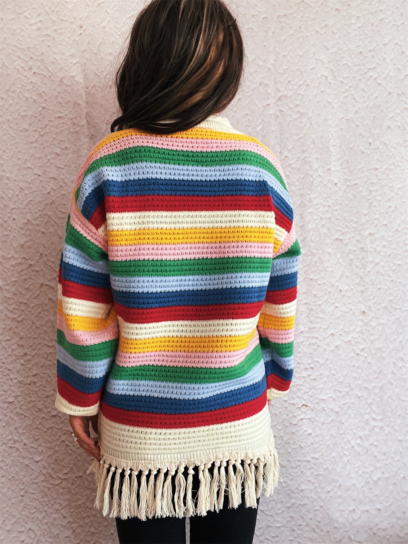 Round Neck Color Striped Knitwear Autumn Winter Retro Tassel Women Sweater