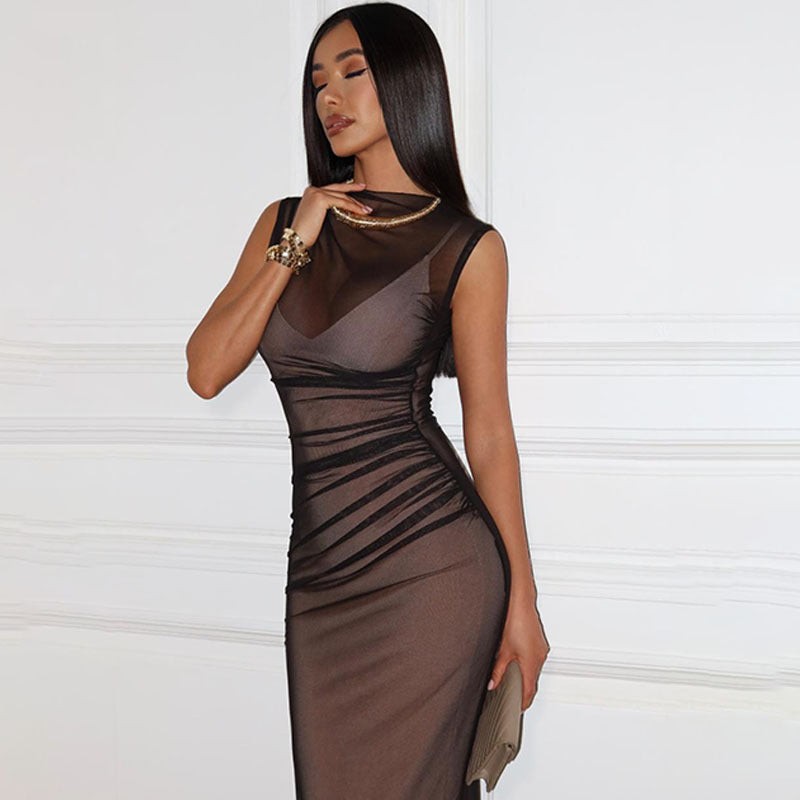 Elegant Women Clothing Mesh See through Sleeveless Slim Fit Sexy Dress Overskirt Long Blouse for Women