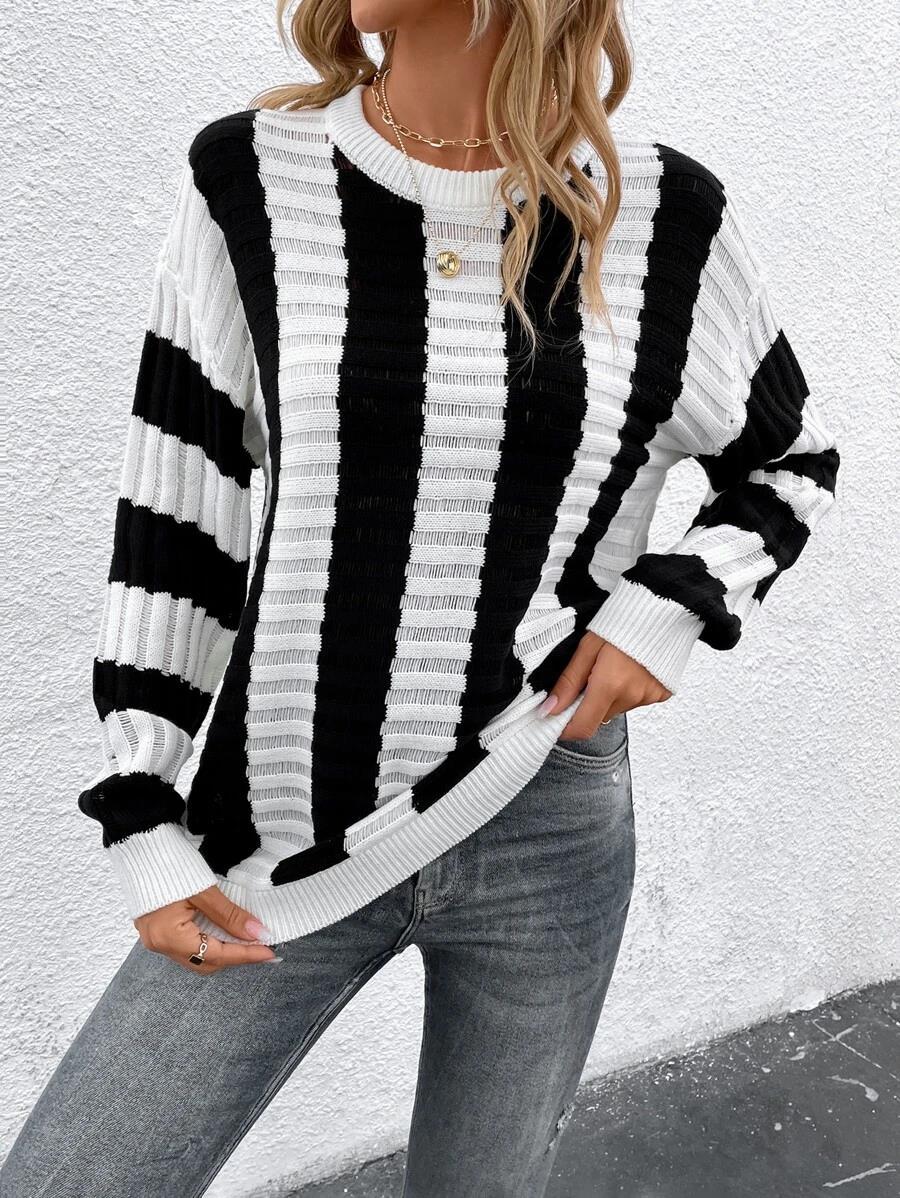 Spring Loose Sweater Women Striped Hollow Out Cutout out Long Sleeved Sweater