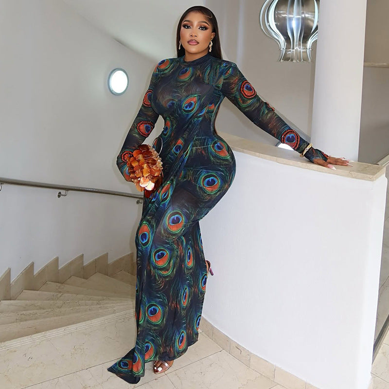 Graceful Personality Women Clothing Printed Sexy Hip Slightly Transparent Turtleneck Long Sleeve Slim Fit Dress