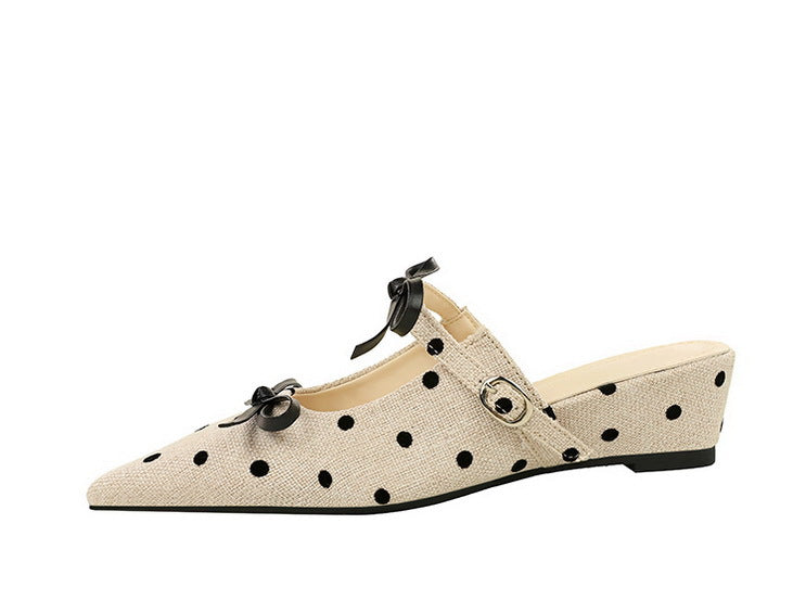Minority Bow Toe Cap Slipper Polka Dot Wedge Comfortable All Match Slip on Women Shoes Outdoor Slippers
