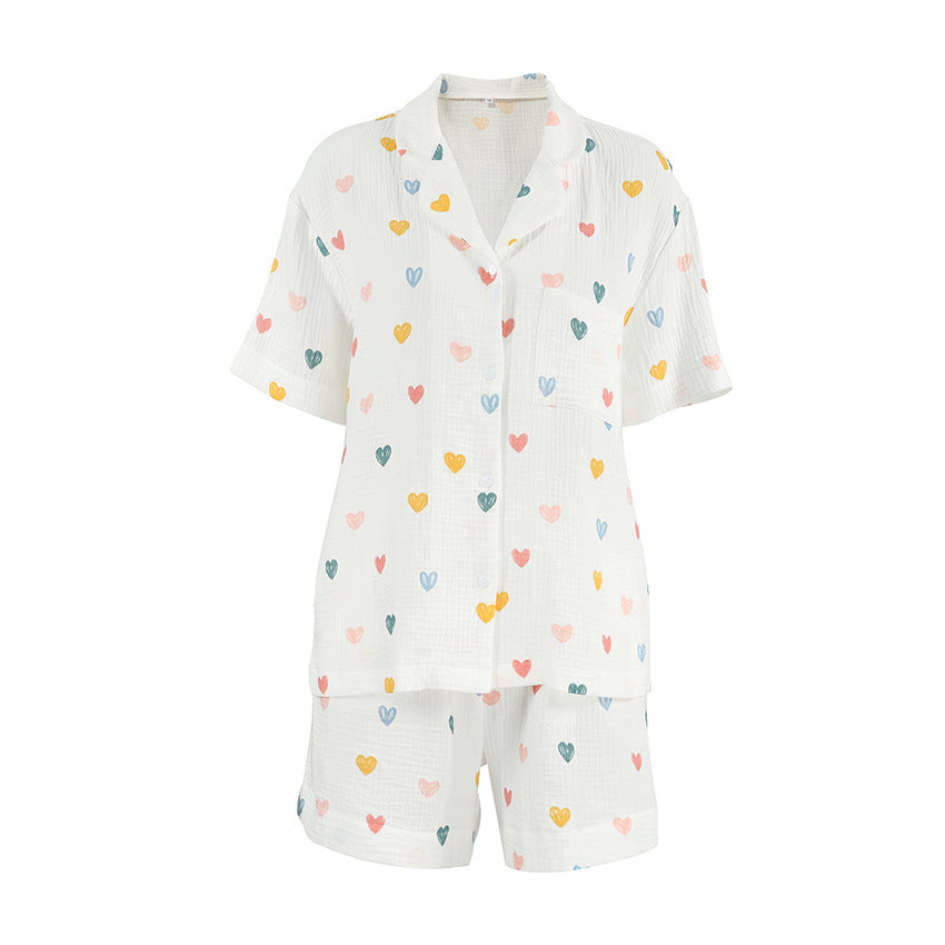 Summer Layer Crepe Heart Printing Pajamas Two Piece Cardigan Half Sleeve Shorts Women Homewear