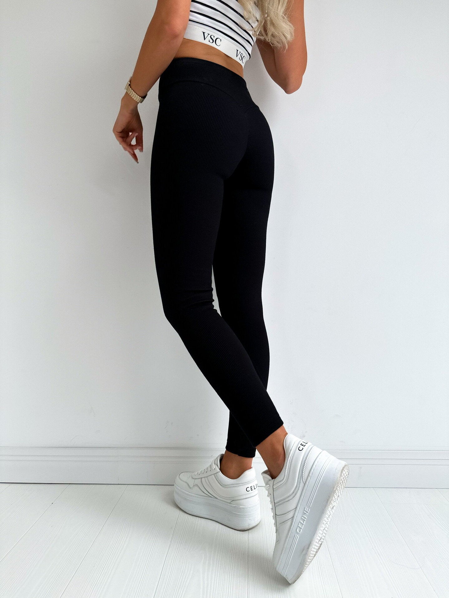 Women Leggings Vertical Stripes Tight Weight Loss Pants Peach Hip High Waist Cropped Solid Color Trousers