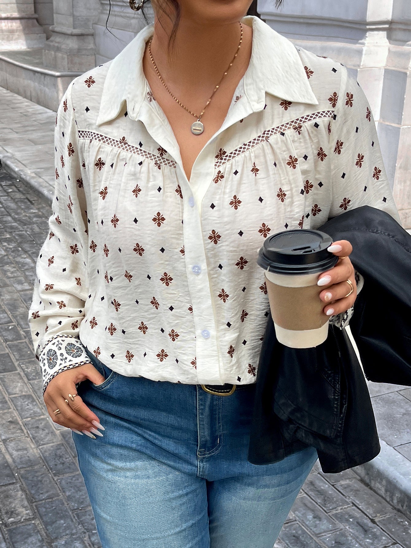 Women Shirt Top Beige Printing Hollow Out Cutout Design Polo Collar Casual Top