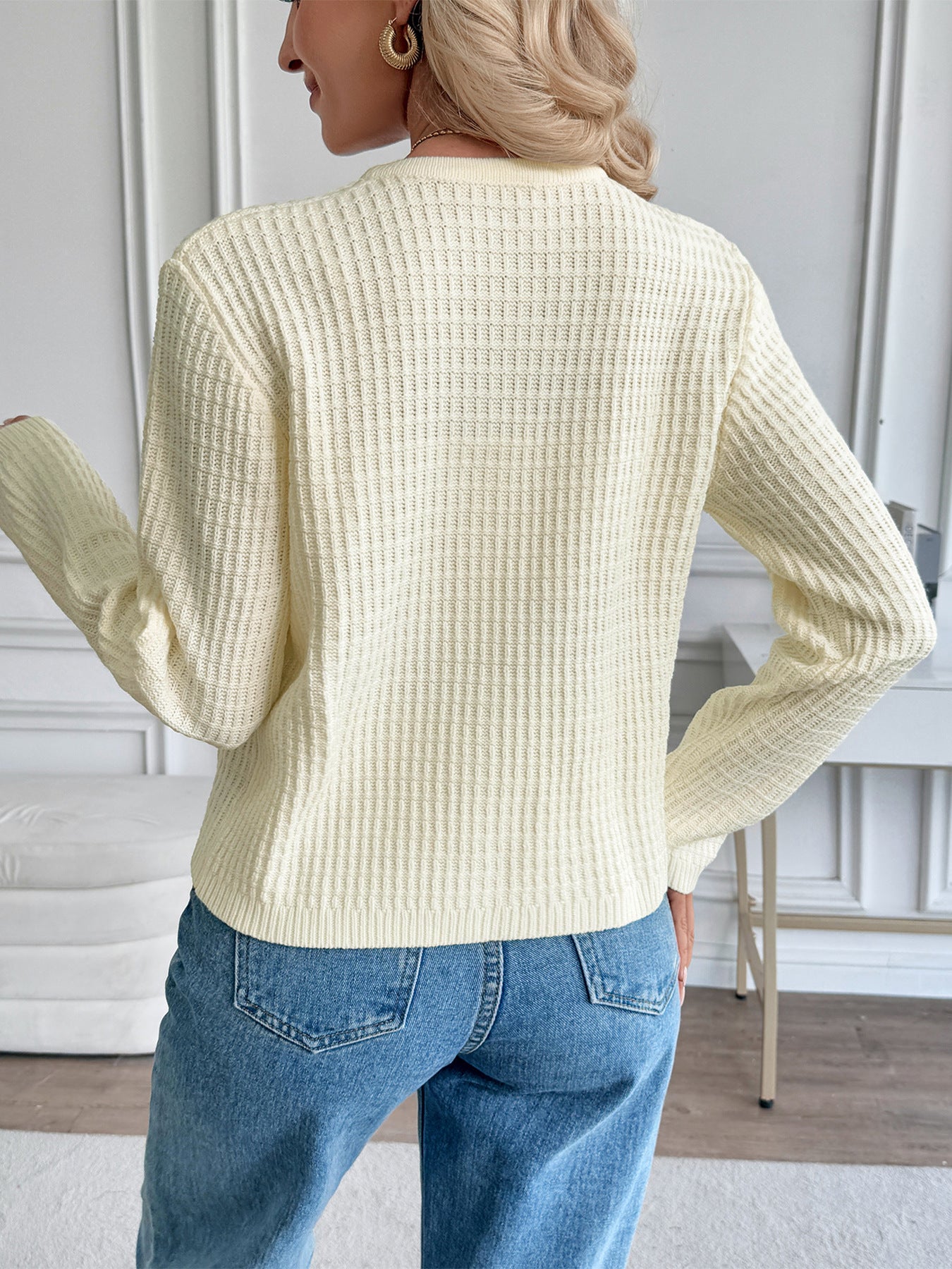 Autumn Winter Casual Korean Metal Button Cardigan Solid Color Sweater Coat for Women