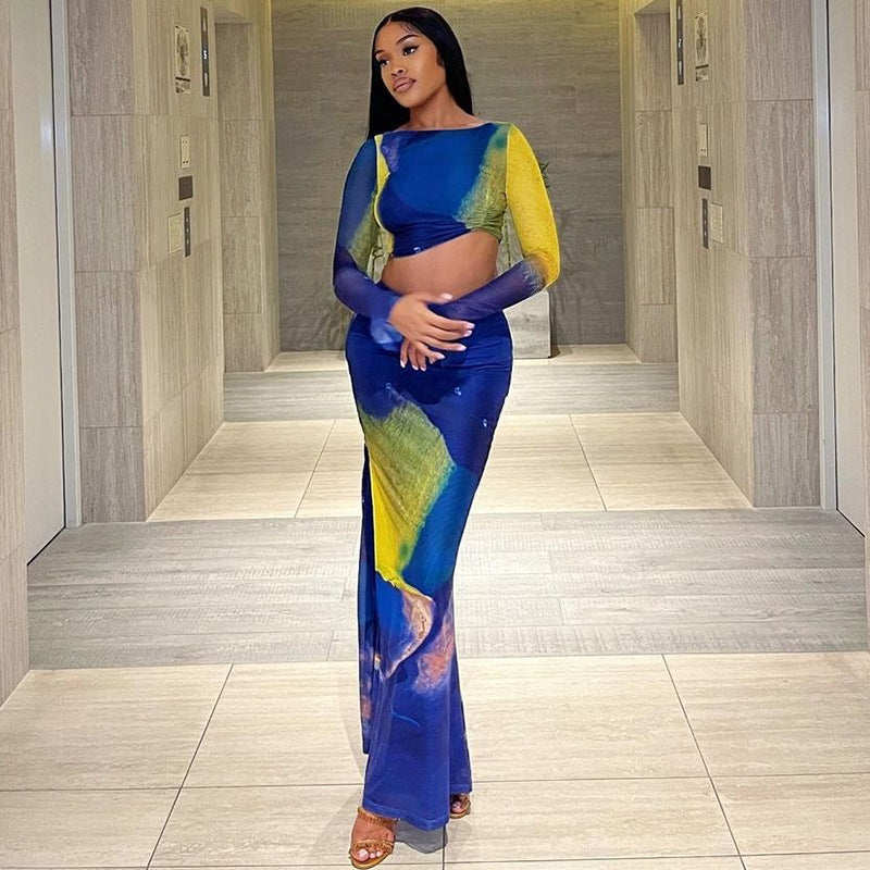 Printed Tight Skirt Set Bell Sleeve Pleated Short Top High Waist Sheath Skirt Two Piece Suit