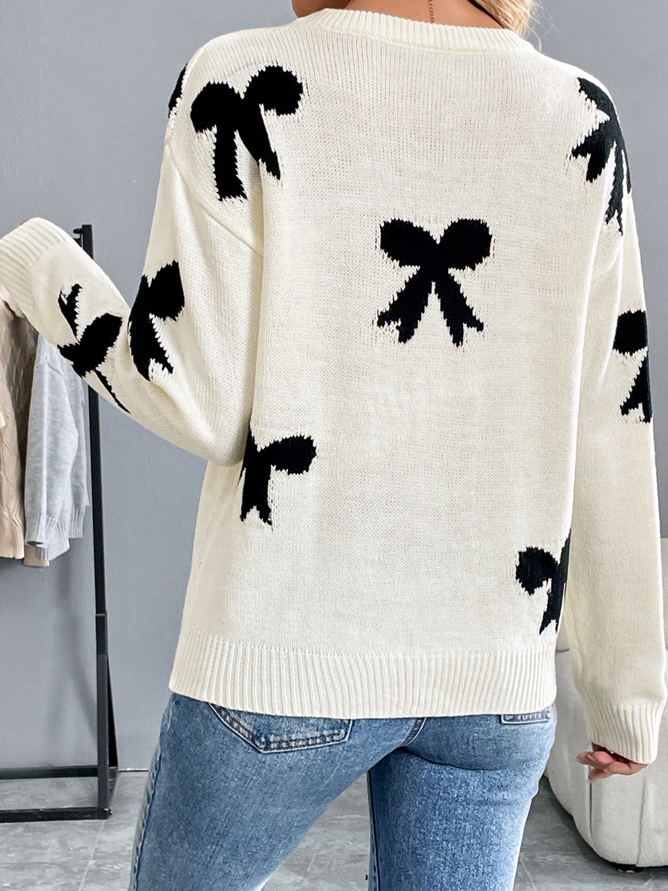 Casual round Neck Bowknot Jacquard Autumn Winter Sweater Women