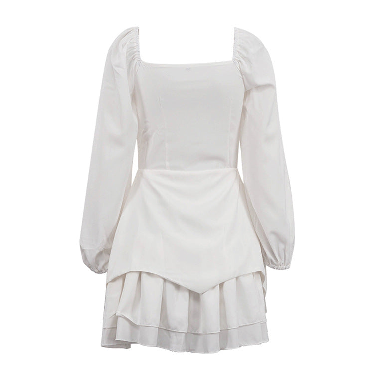 French Square Collar Graceful Puff Sleeve Fitted Waist Pleated Short Dress Women Faux Two Piece A line Dress