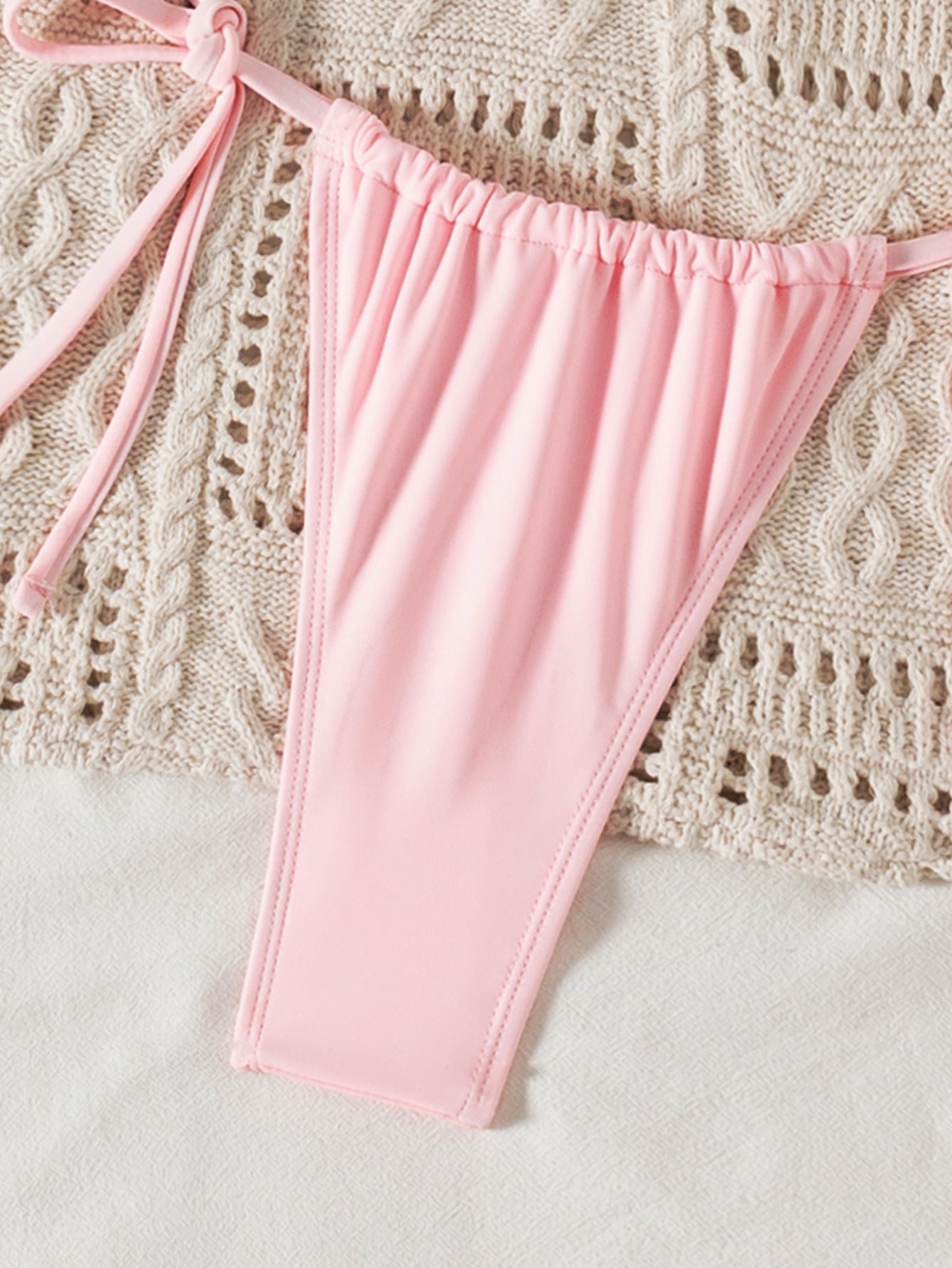 Solid Color Sexy Backless Lanyard Halter Bikini Two Piece Sets Three Dimensional