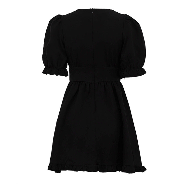 Women Clothing Summer French Puff Sleeve High Waist A line Dress Sexy V neck Waist Black Dress