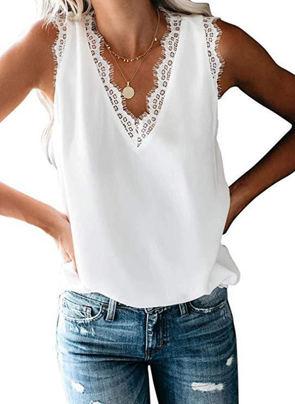 Summer Solid Color Lace V-neck Sleeveless Women Top T plus Size Chiffon Vest