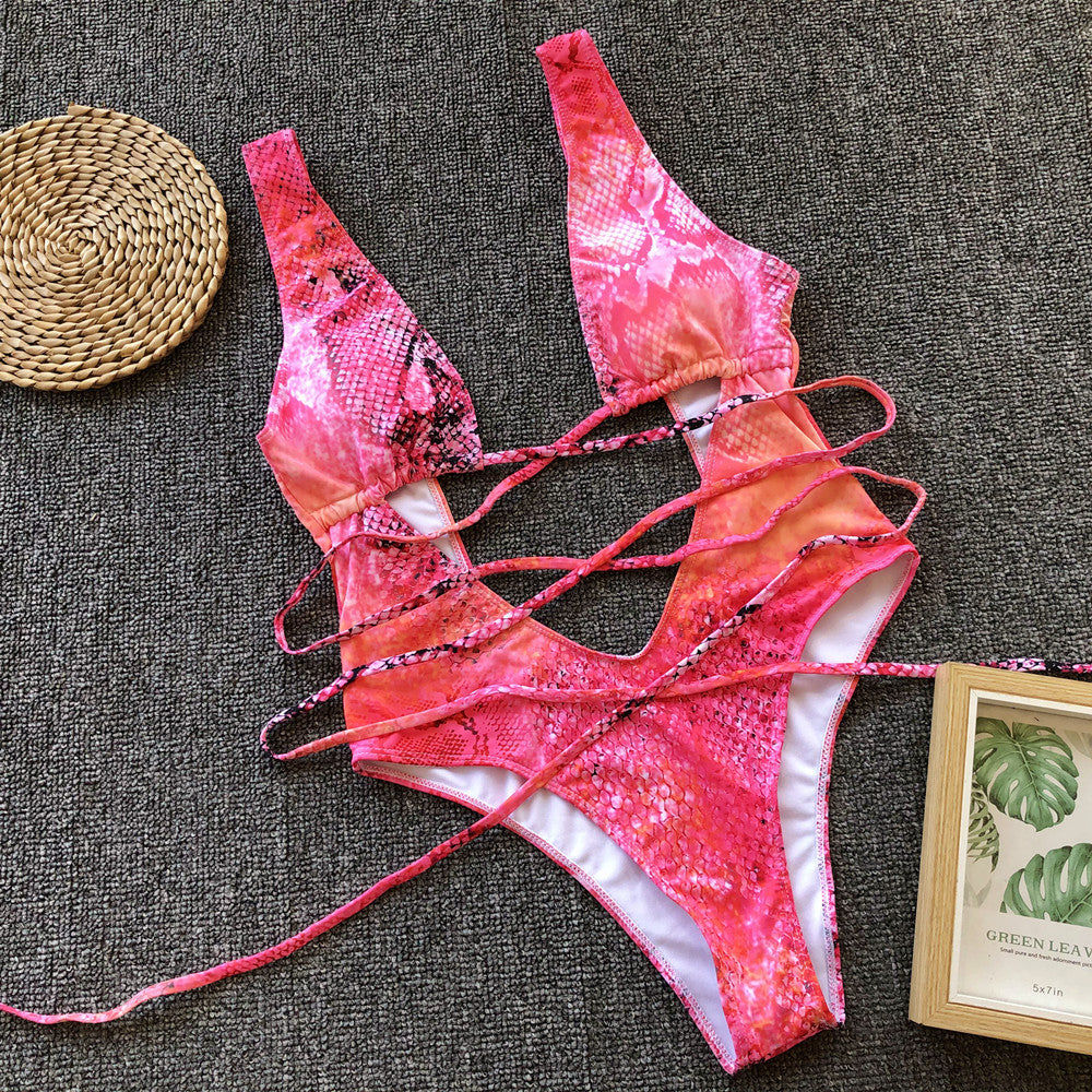 Bikini Leopard Print Hollow Out Cutout Out Strap One-piece Swimsuit