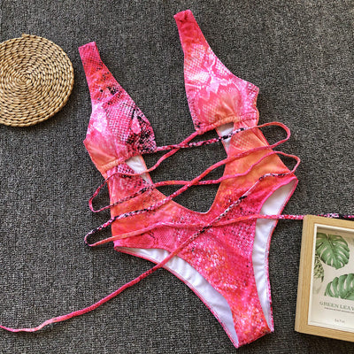 Bikini Leopard Print Hollow Out Cutout Out Strap One-piece Swimsuit