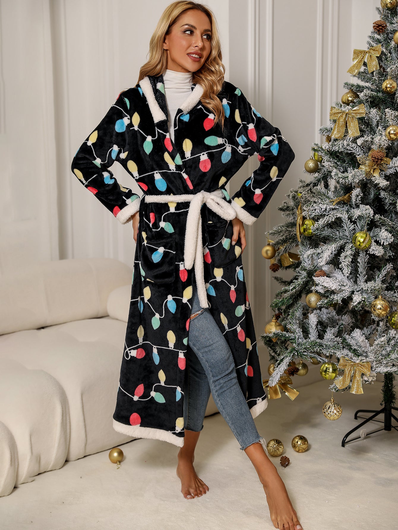 Autumn Winter Women Wear Long Sleeved Trousers Home Casual Breathable Hood Flannel Christmas Nightgown