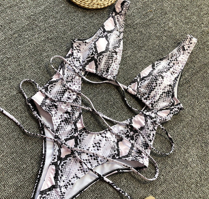 Bikini Leopard Print Hollow Out Cutout Out Strap One-piece Swimsuit