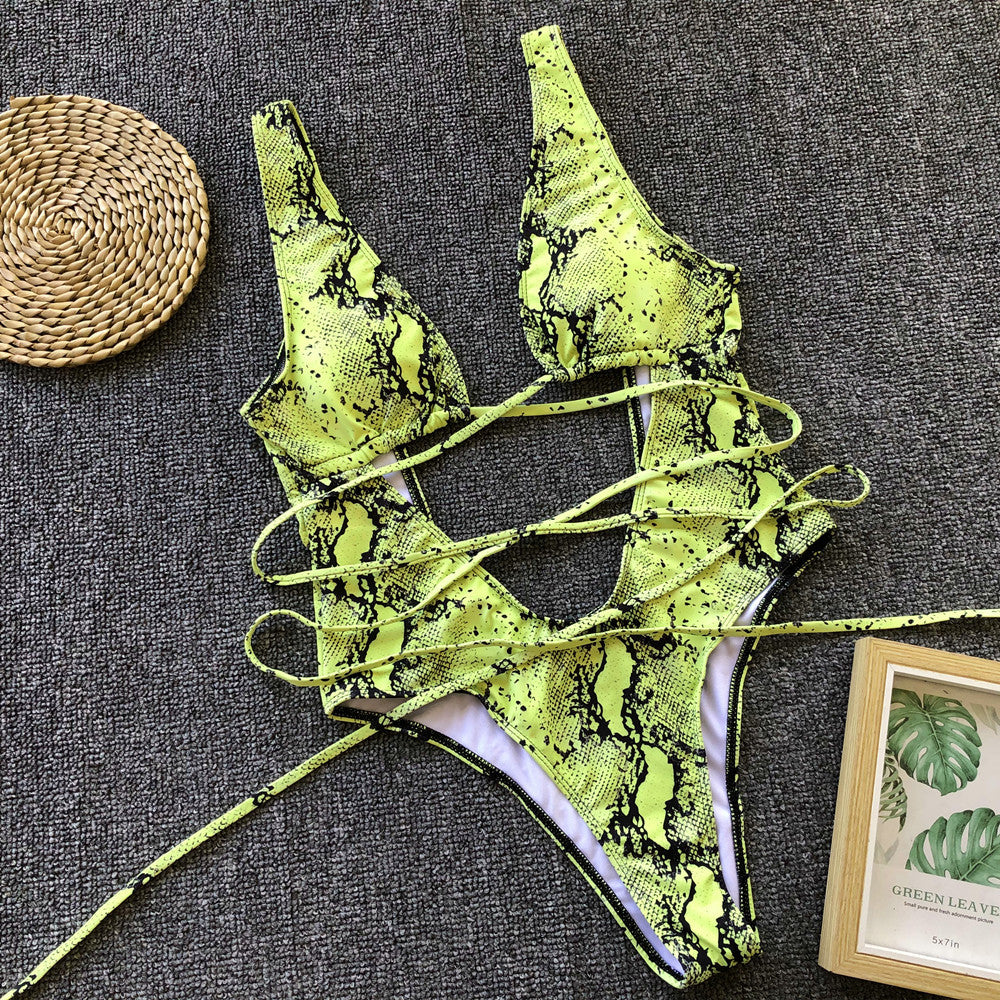 Bikini Leopard Print Hollow Out Cutout Out Strap One-piece Swimsuit