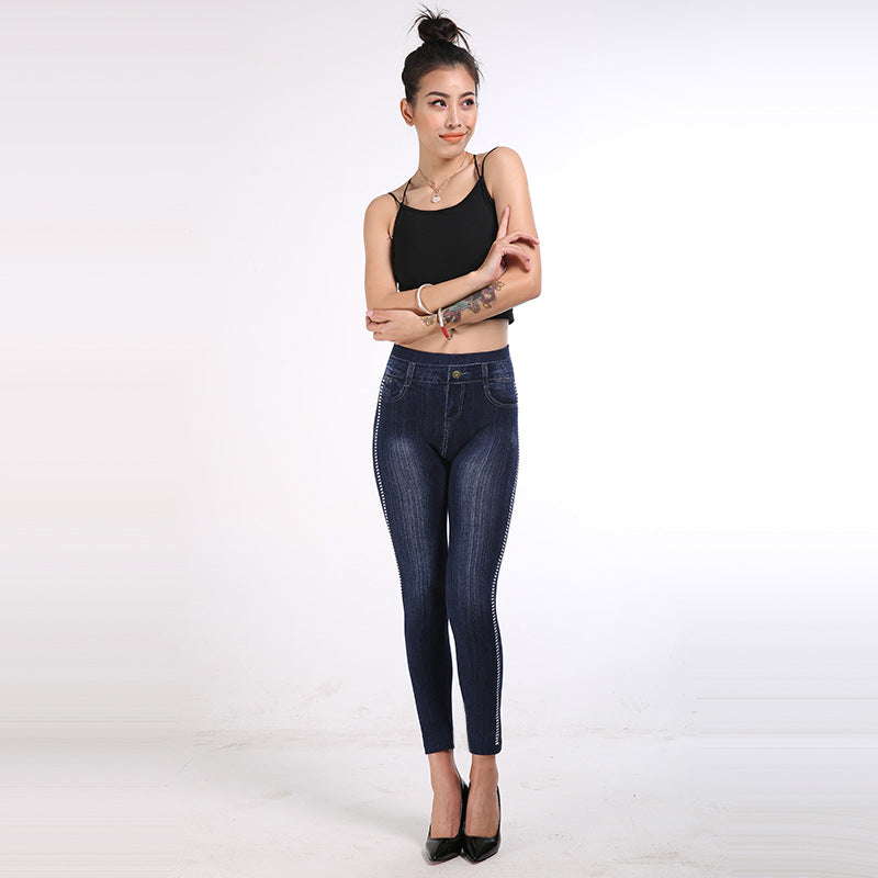 Autumn Women Imitation Denim Leggings Cotton Side Dot High Waist Ankle-Length Pants