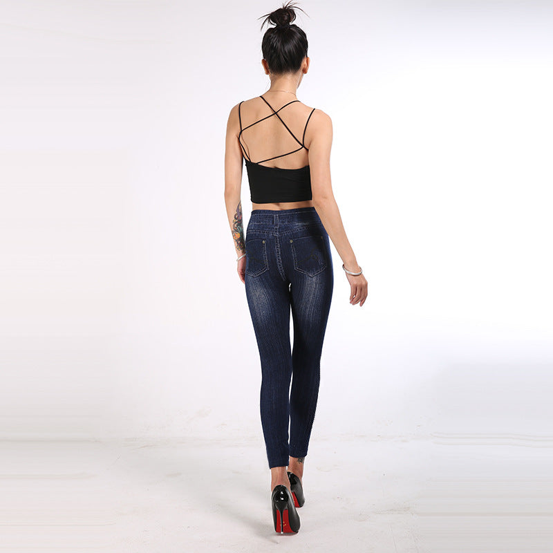 Autumn Women Imitation Denim Leggings Cotton Side Dot High Waist Ankle-Length Pants