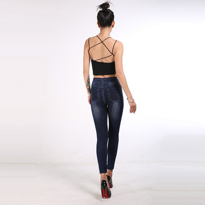 Autumn Women Imitation Denim Leggings Cotton Side Dot High Waist Ankle-Length Pants