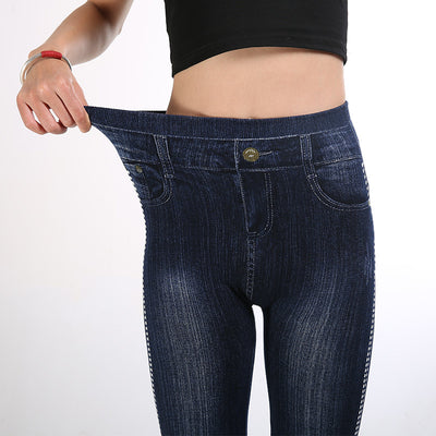 Autumn Women Imitation Denim Leggings Cotton Side Dot High Waist Ankle-Length Pants