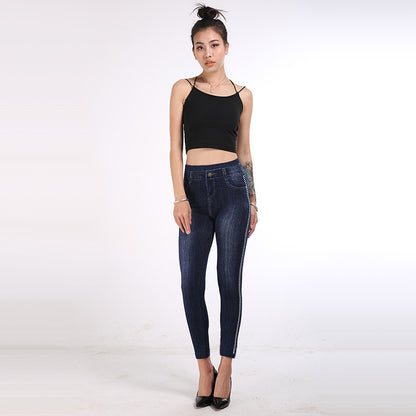 Autumn Women Imitation Denim Leggings Cotton Side Dot High Waist Ankle-Length Pants