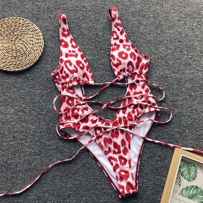 Bikini Leopard Print Hollow Out Cutout Out Strap One-piece Swimsuit