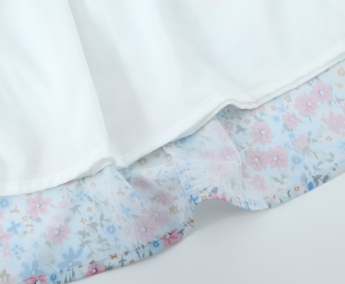 Women Pleated Loose Slimming Round Neck Puff Sleeve Floral Dress