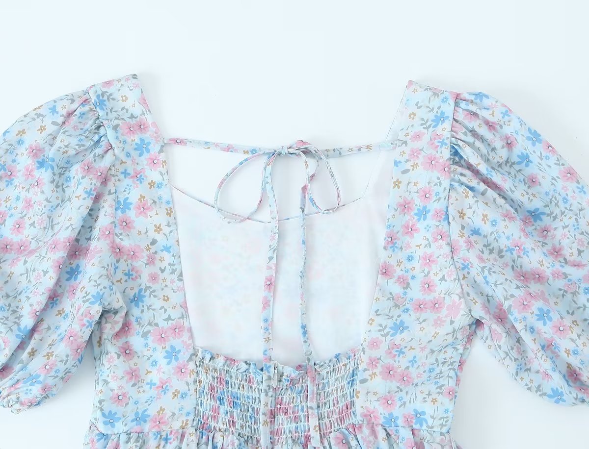 Women Pleated Loose Slimming Round Neck Puff Sleeve Floral Dress