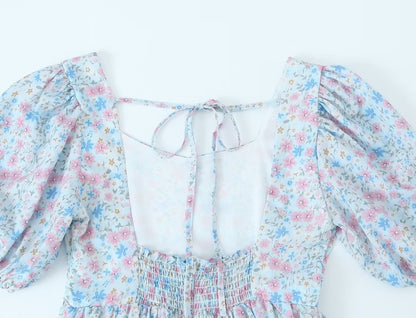 Women Pleated Loose Slimming Round Neck Puff Sleeve Floral Dress