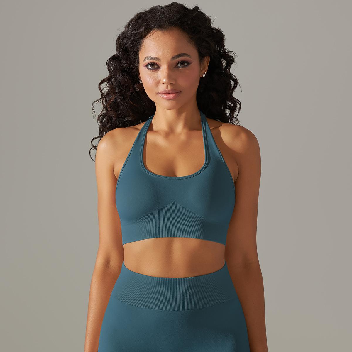 Seamless Knitted Beauty Back Sling Halter Bra Running Fitness Sports Fixed Top Yoga Clothes Women