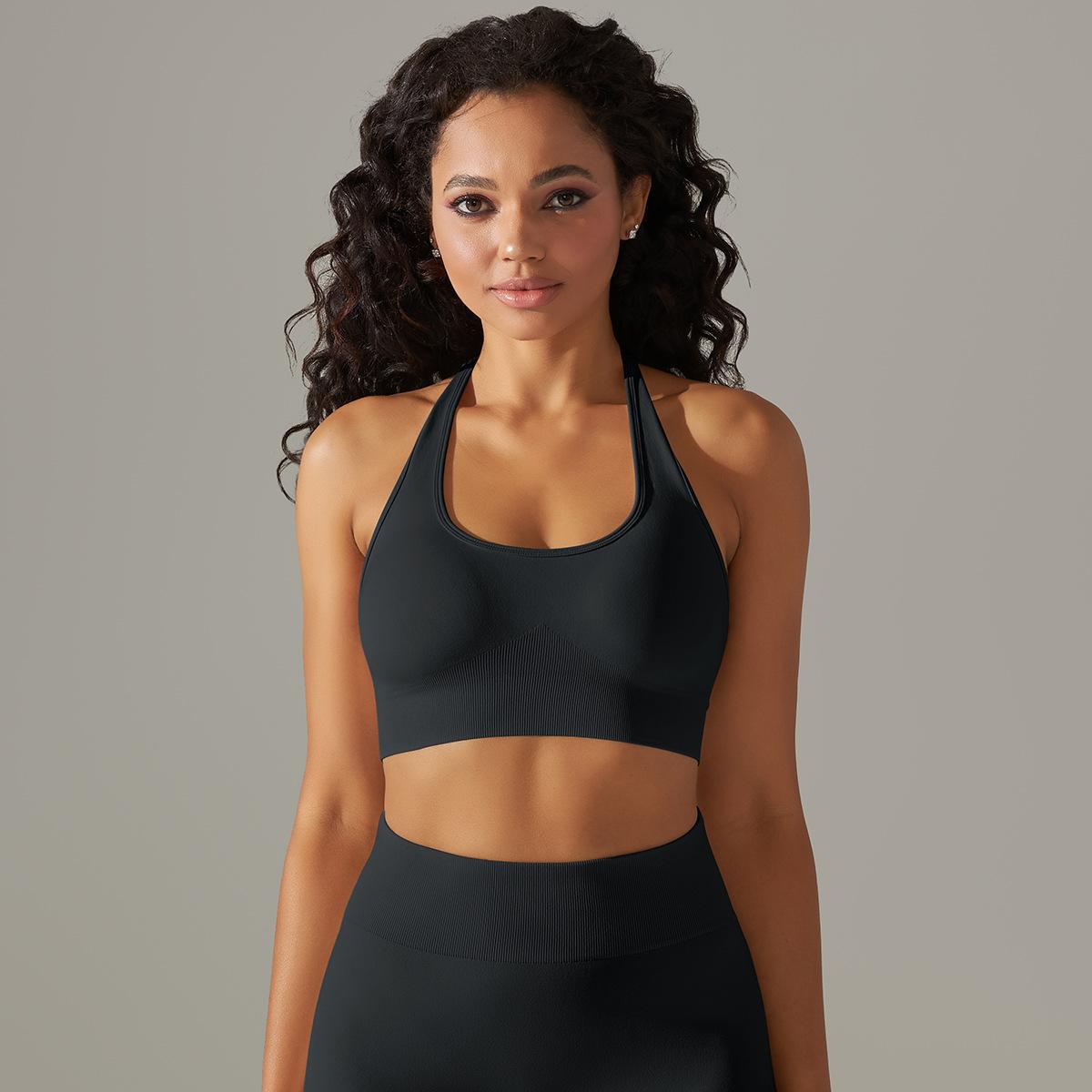 Seamless Knitted Beauty Back Sling Halter Bra Running Fitness Sports Fixed Top Yoga Clothes Women