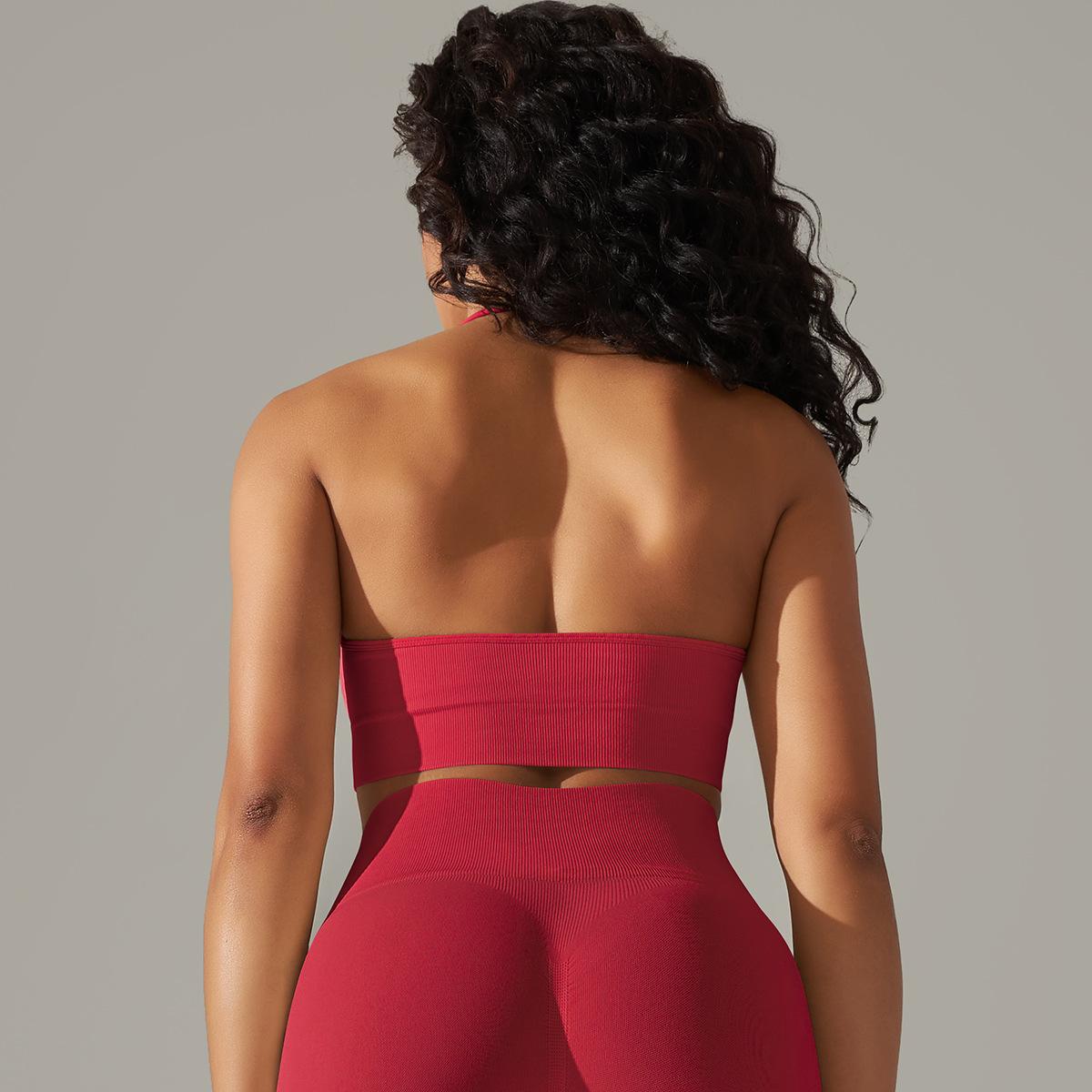 Seamless Knitted Beauty Back Sling Halter Bra Running Fitness Sports Fixed Top Yoga Clothes Women