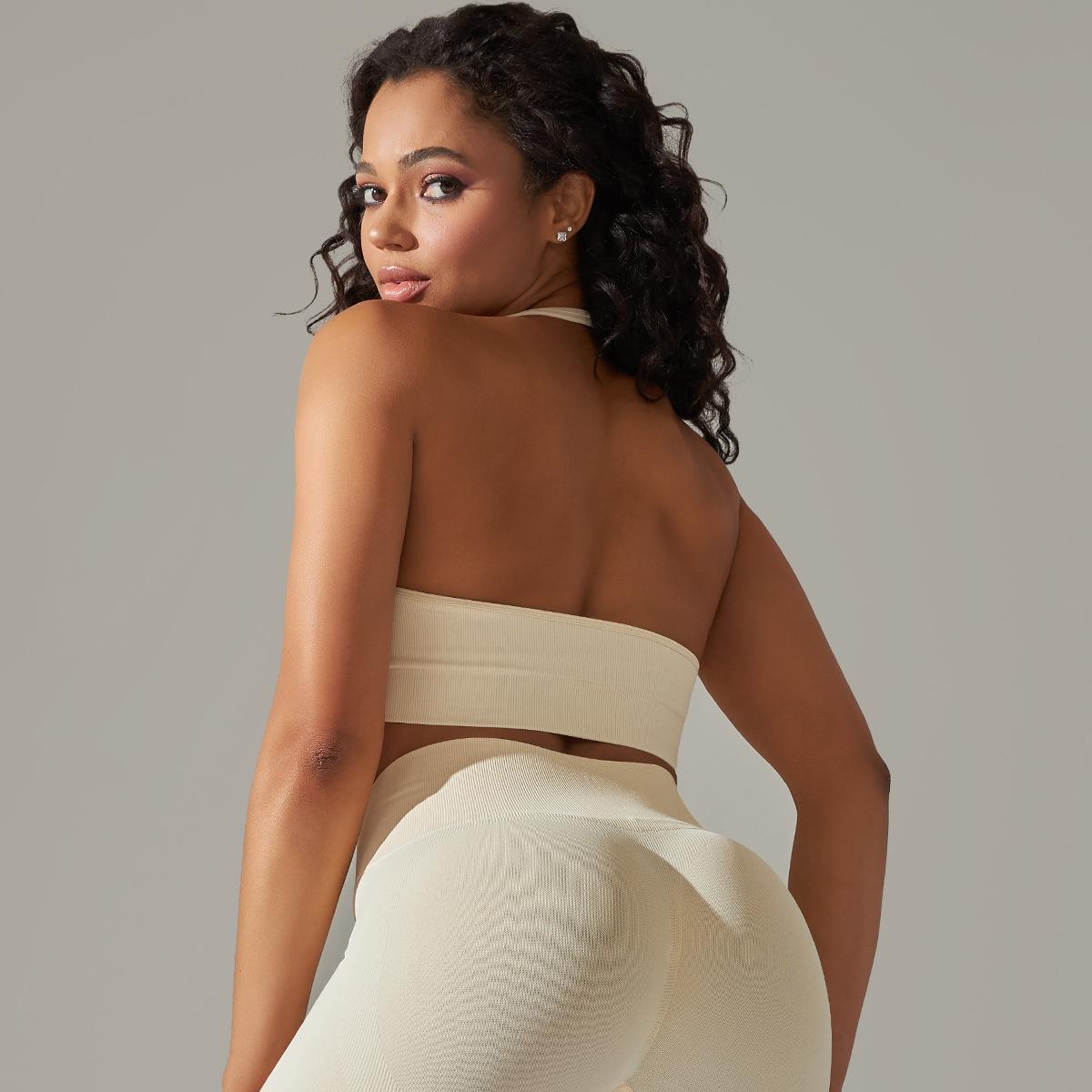 Seamless Knitted Beauty Back Sling Halter Bra Running Fitness Sports Fixed Top Yoga Clothes Women