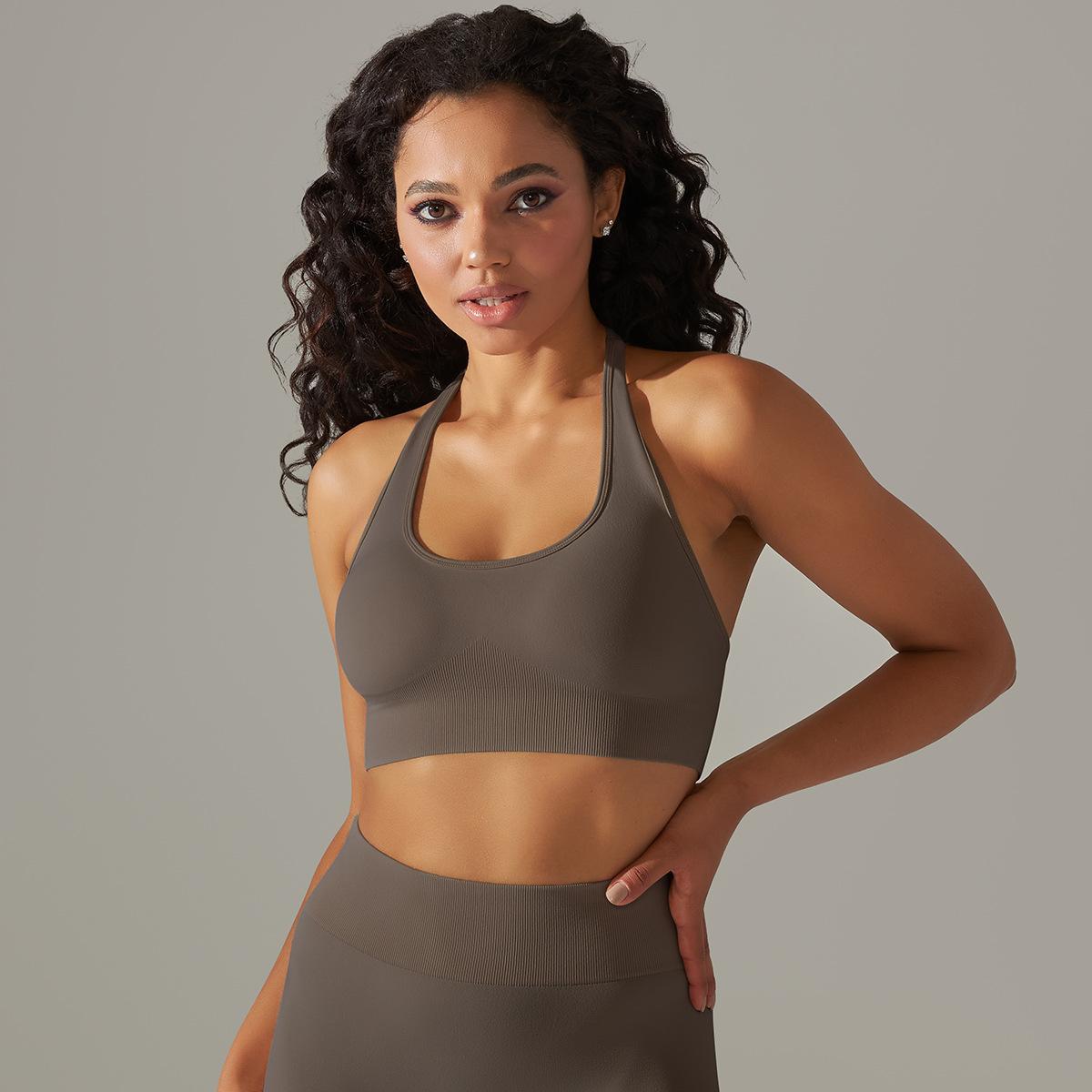 Seamless Knitted Beauty Back Sling Halter Bra Running Fitness Sports Fixed Top Yoga Clothes Women