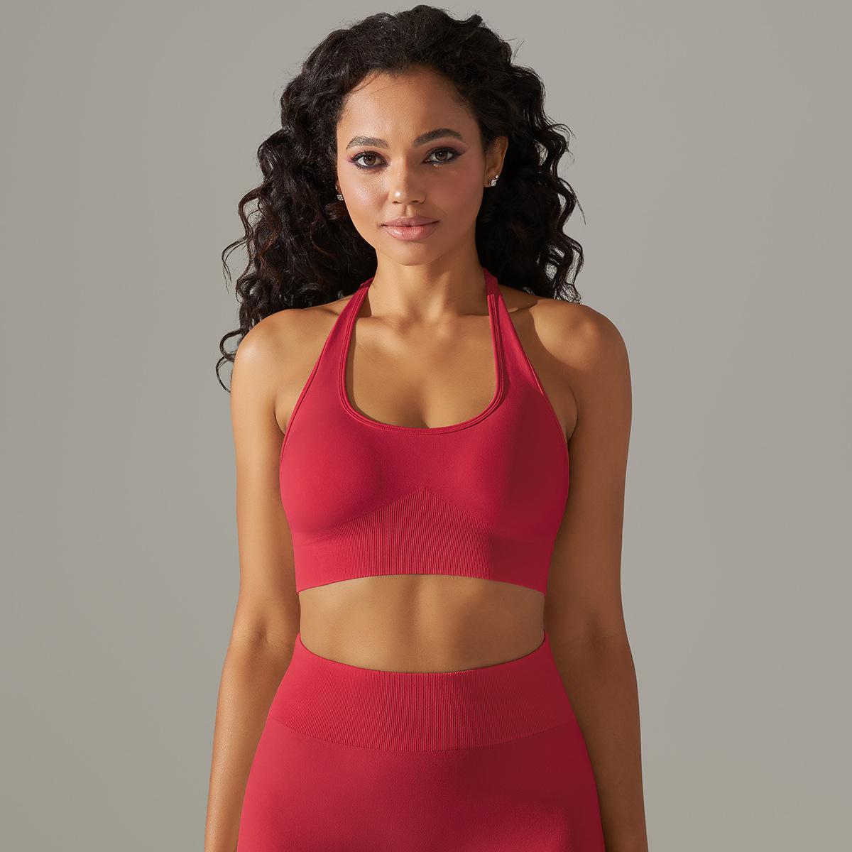 Seamless Knitted Beauty Back Sling Halter Bra Running Fitness Sports Fixed Top Yoga Clothes Women