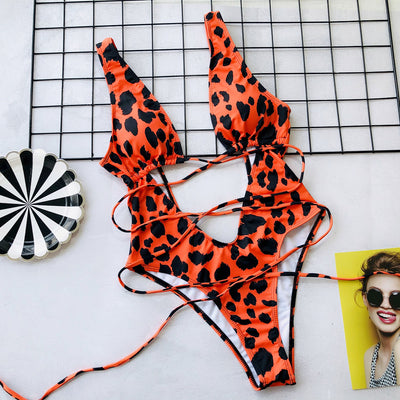 Bikini Leopard Print Hollow Out Cutout Out Strap One-piece Swimsuit