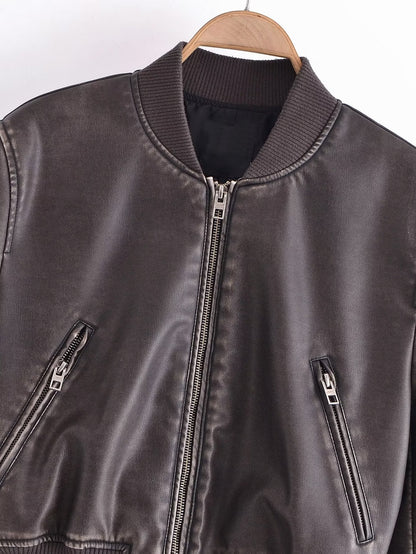 Spring Women Urban Casual Faux Leather Bomber Jacket