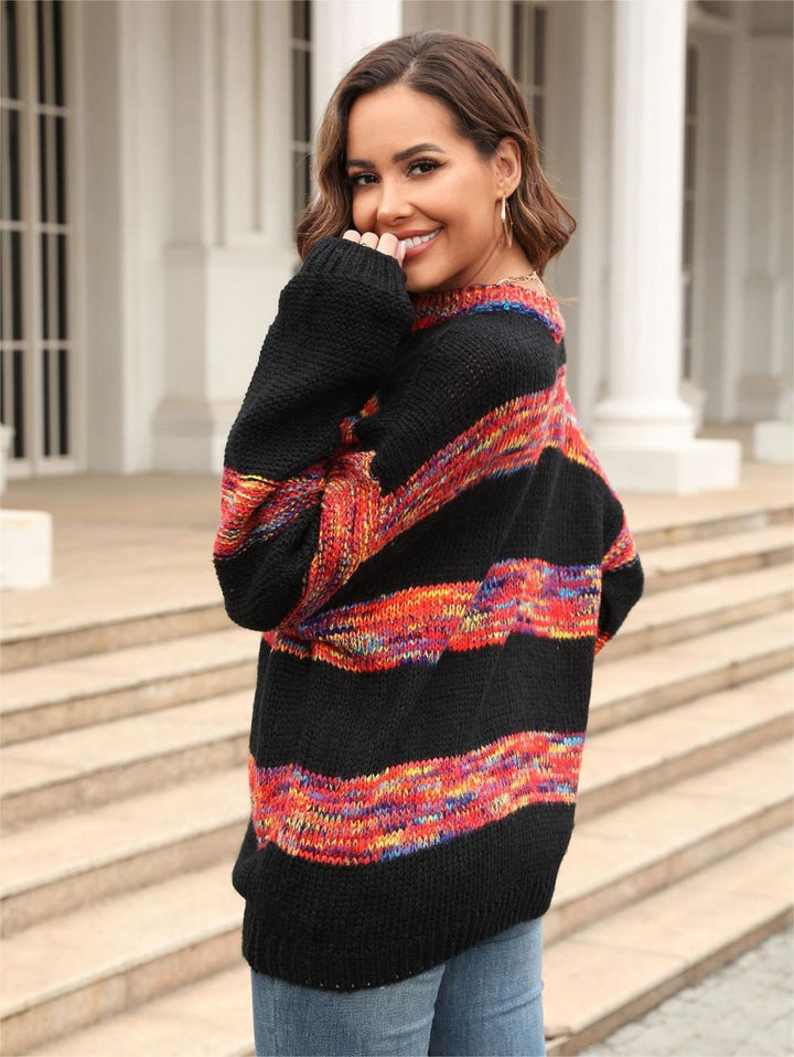 Autumn Winter Women Clothing Sweater Loose round Neck Splicing Knitwear Pullover Sweater - GLAMWEARS