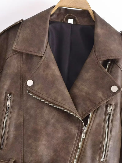 Winter Women Clothing Casual Washed out Gradient Faux Leather Jacket Coat
