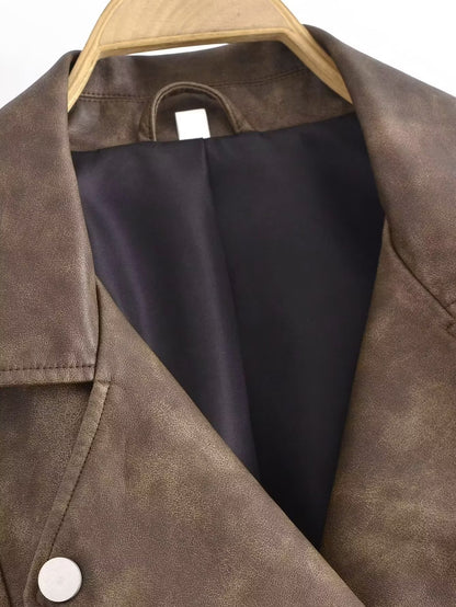 Winter Women Clothing Casual Washed out Gradient Faux Leather Jacket Coat