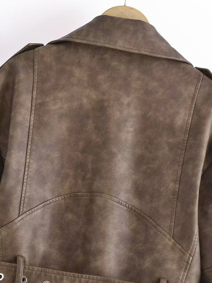 Winter Women Clothing Casual Washed out Gradient Faux Leather Jacket Coat