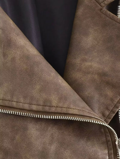 Winter Women Clothing Casual Washed out Gradient Faux Leather Jacket Coat