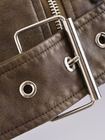 Winter Women Clothing Casual Washed out Gradient Faux Leather Jacket Coat