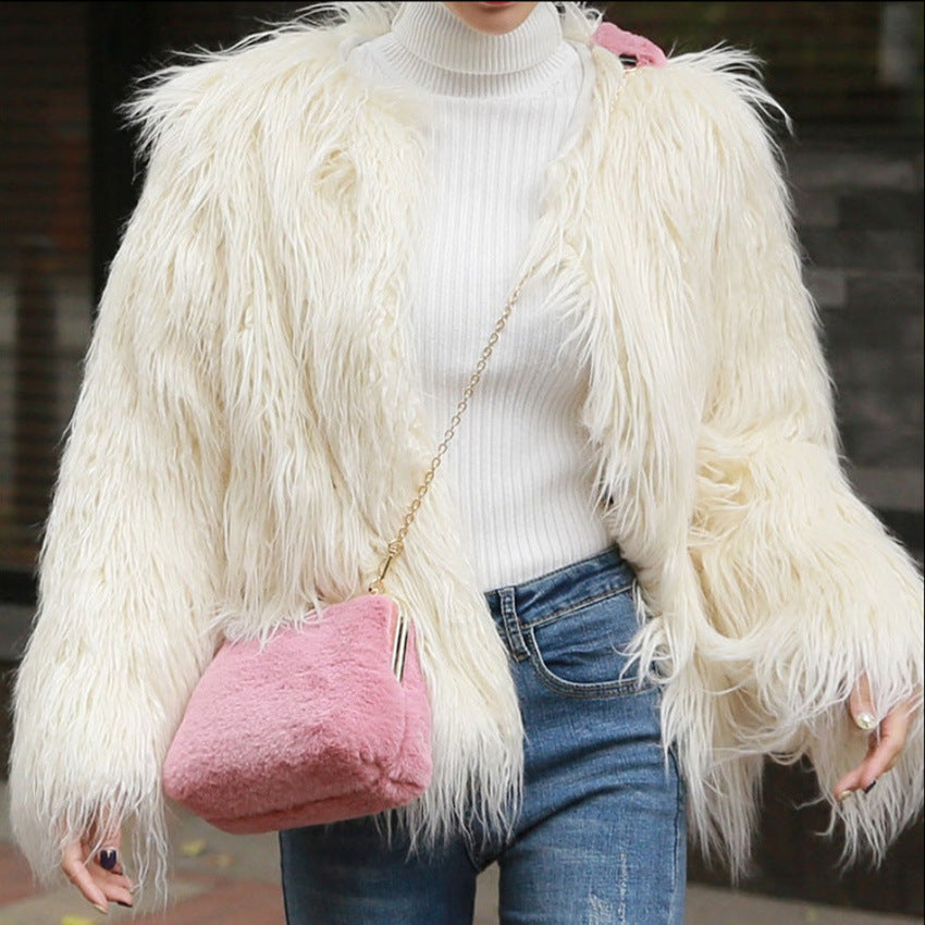 Autumn Winter Imitated Tibet Sheep Fur Fur Coat Women Mid Length Slim Fit Fashionable Slimming Lamb Long Fur Wool Coat