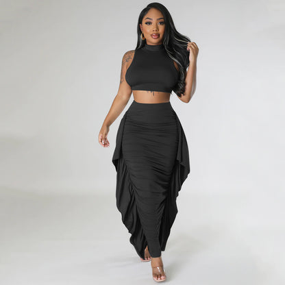 Summer Women Clothing Sexy Tight Tassel Sleeveless Two Piece sets Skirt Set