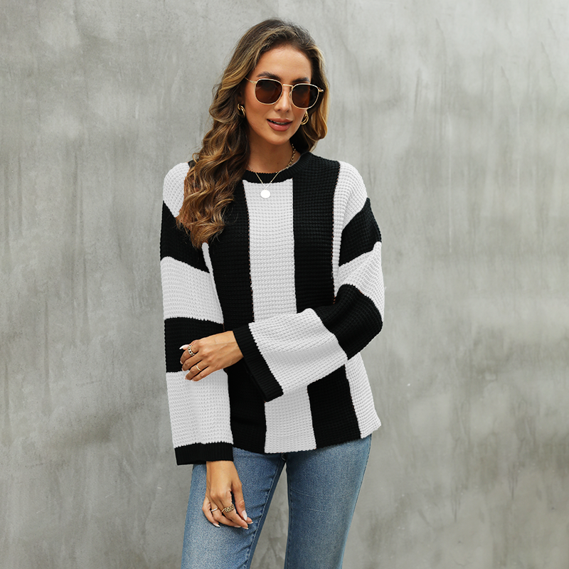 Women Loose Color Matching round Neck Sweater Striped Retro Knitwear Women - GLAMWEARS