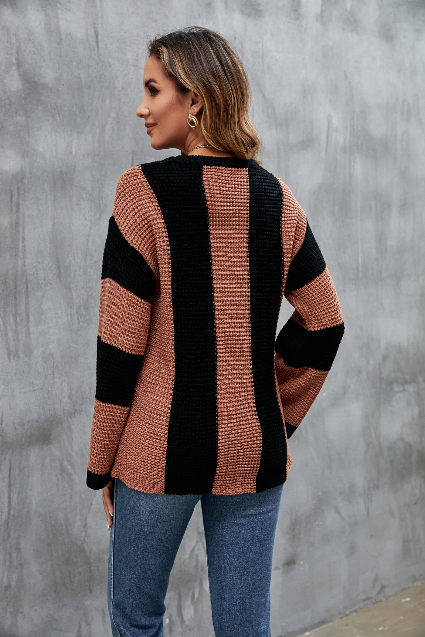Women Loose Color Matching round Neck Sweater Striped Retro Knitwear Women