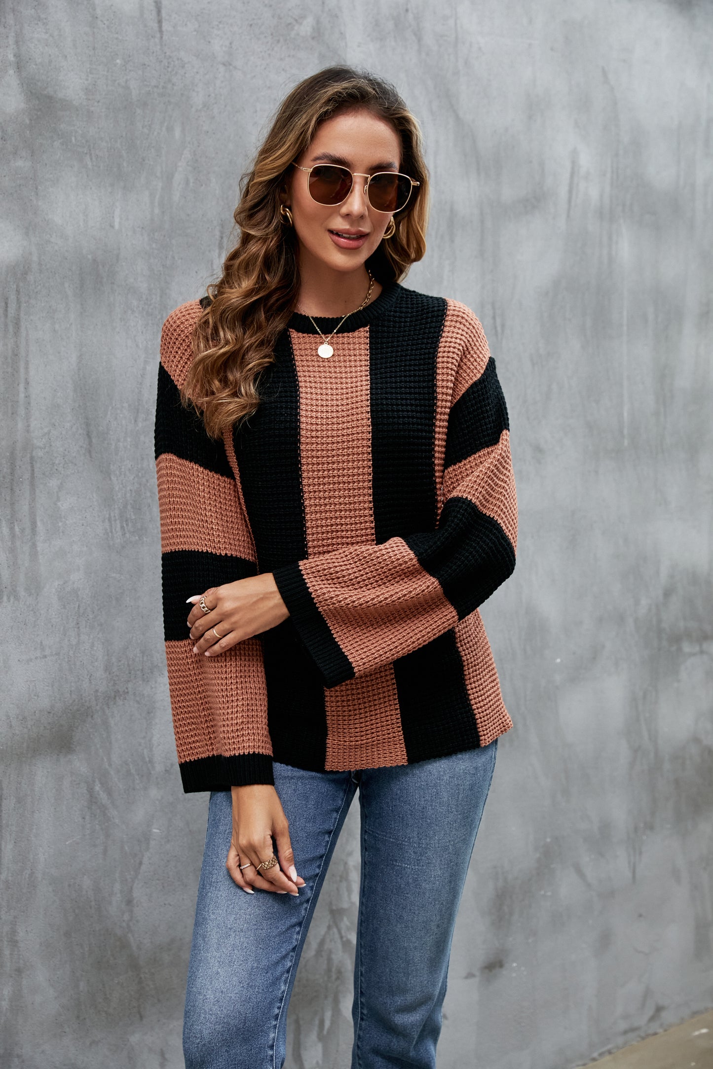 Women Loose Color Matching round Neck Sweater Striped Retro Knitwear Women